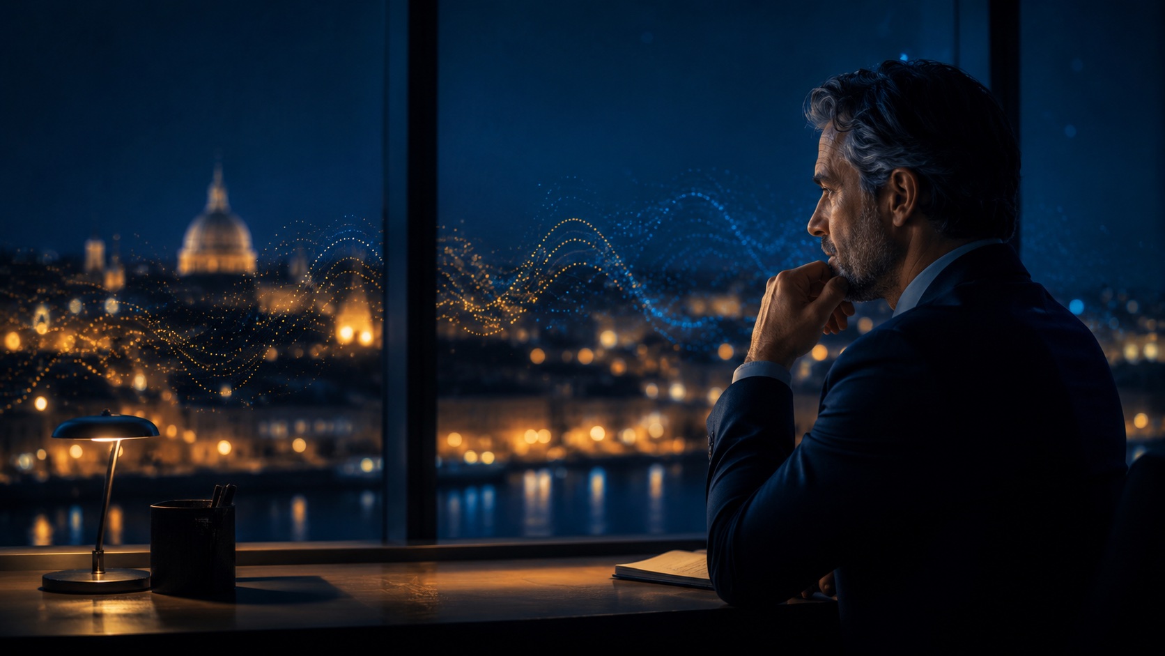 A reader considering illuminated data patterns over Malta at night.